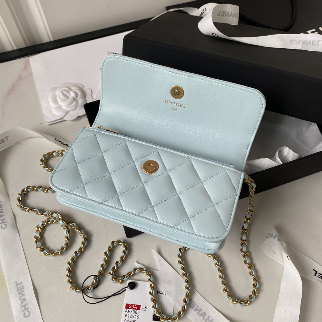 Lambskin Wallet On Chain Shoulder Bag AP3385 Light Blue